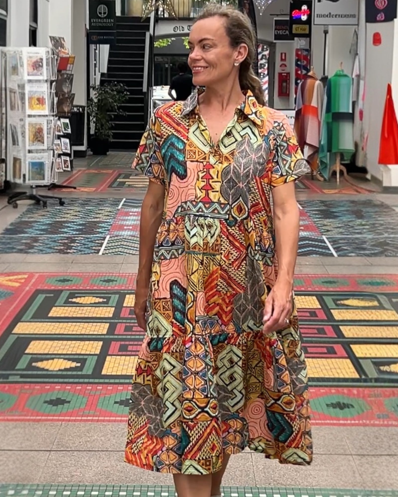 Natalie pure cotton short sleeved collar dress in geometric mix