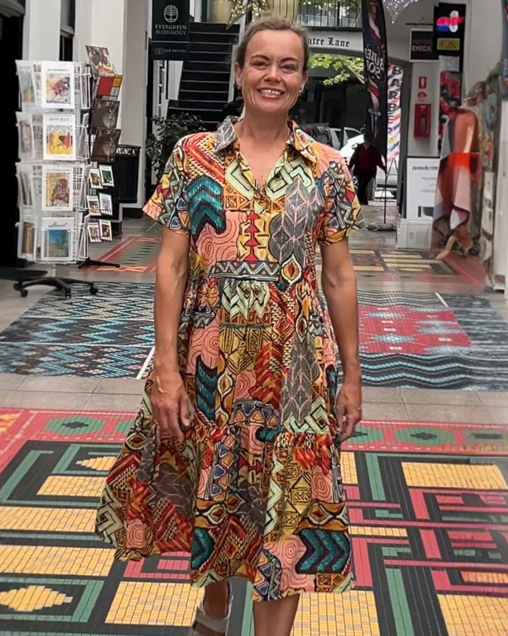 Natalie pure cotton short sleeved collar dress in geometric mix