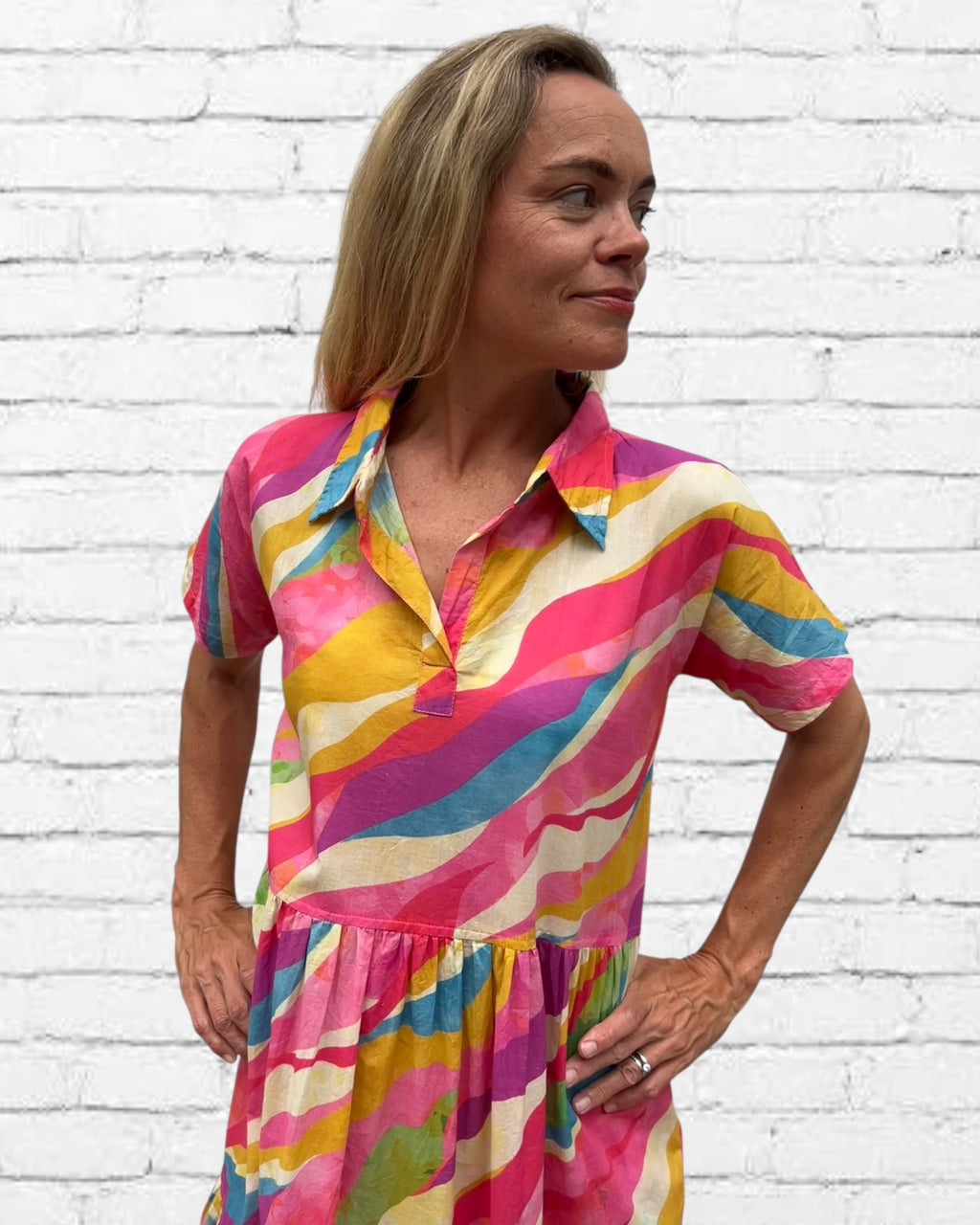 Natalie pure cotton short sleeved collar dress in pink swirl