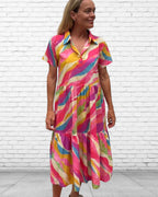 Natalie pure cotton short sleeved collar dress in pink swirl