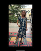 Rene pure cotton short sleeve, round neck, knee length dress in Blue flower