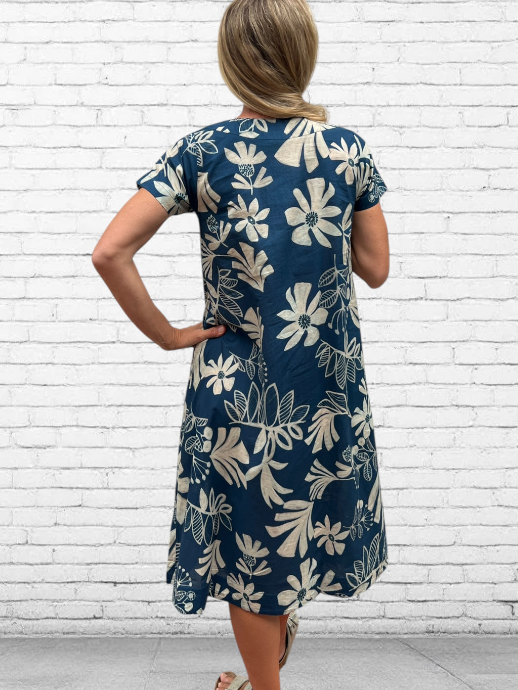 Rene pure cotton short sleeve, round neck, knee length dress in Blue flower