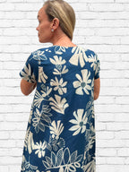 Rene pure cotton short sleeve, round neck, knee length dress in Blue flower