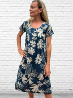 Rene pure cotton short sleeve, round neck, knee length dress in Blue flower