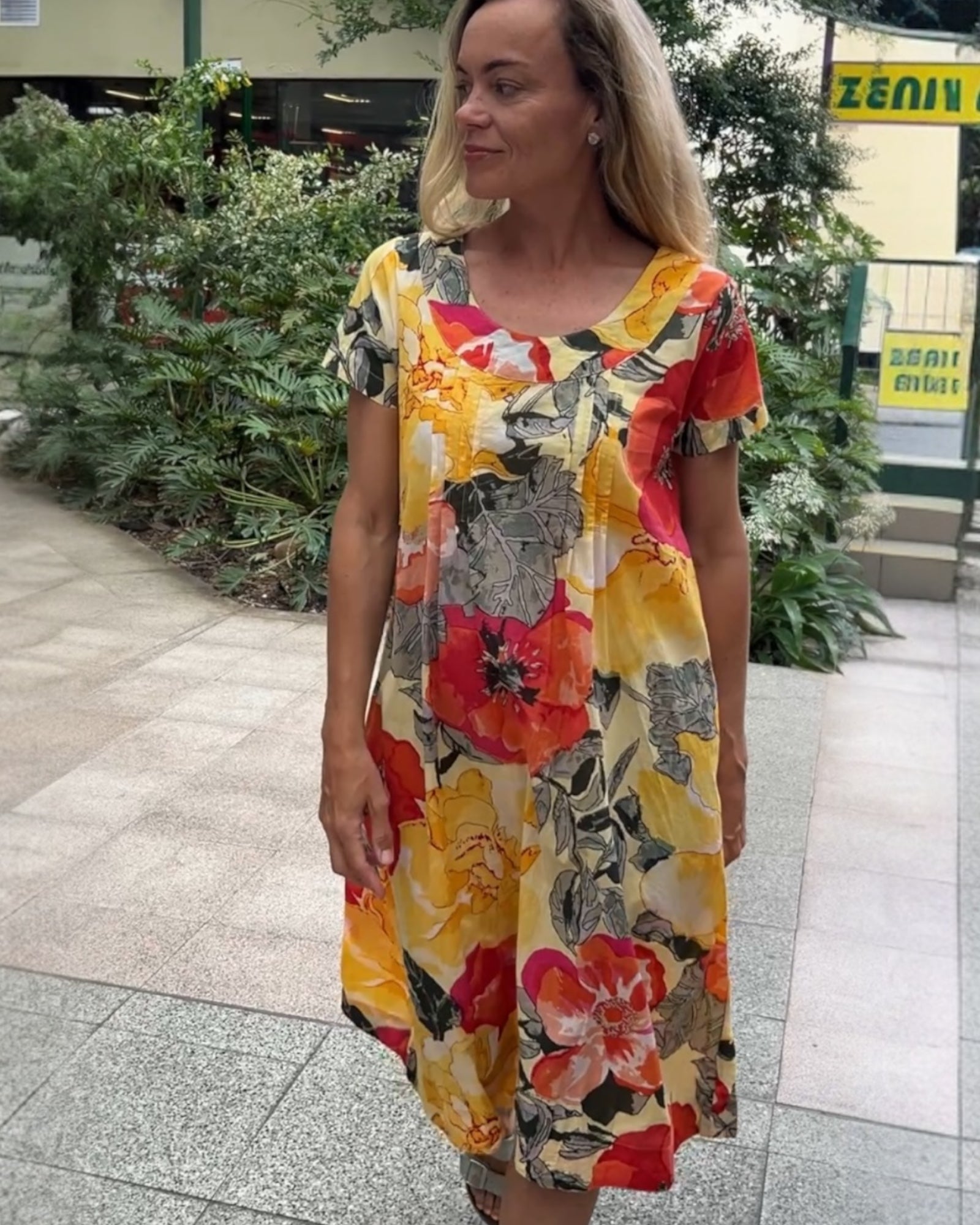 Rene pure cotton short sleeve, round neck, knee length dress in Citrus Tree designed fabric