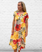 Rene pure cotton short sleeve, round neck, knee length dress in Citrus Tree designed fabric