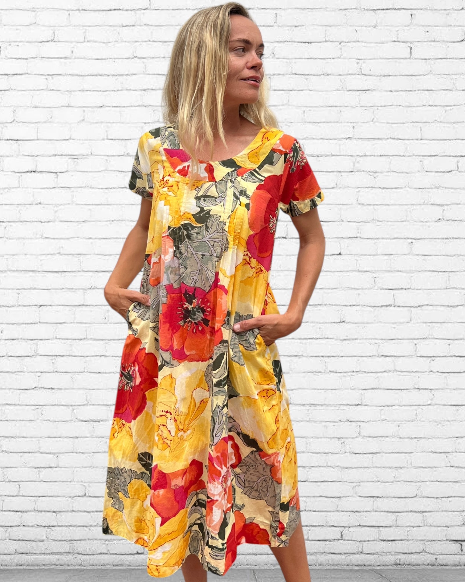 Rene pure cotton short sleeve, round neck, knee length dress in Citrus Tree designed fabric