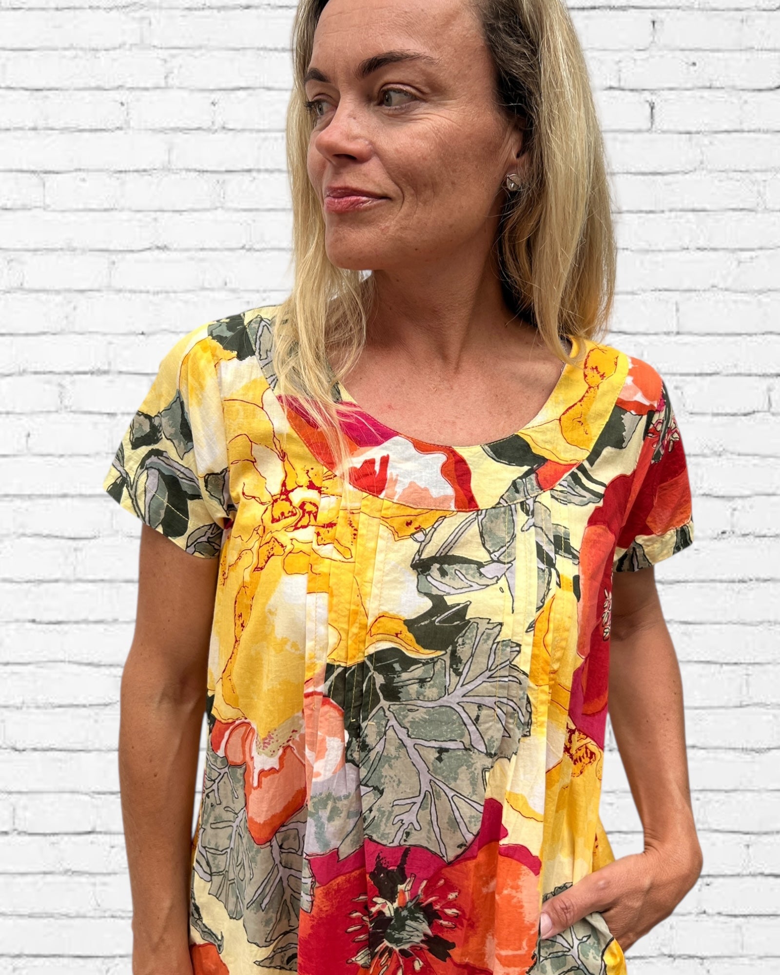 Rene pure cotton short sleeve, round neck, knee length dress in Citrus Tree designed fabric