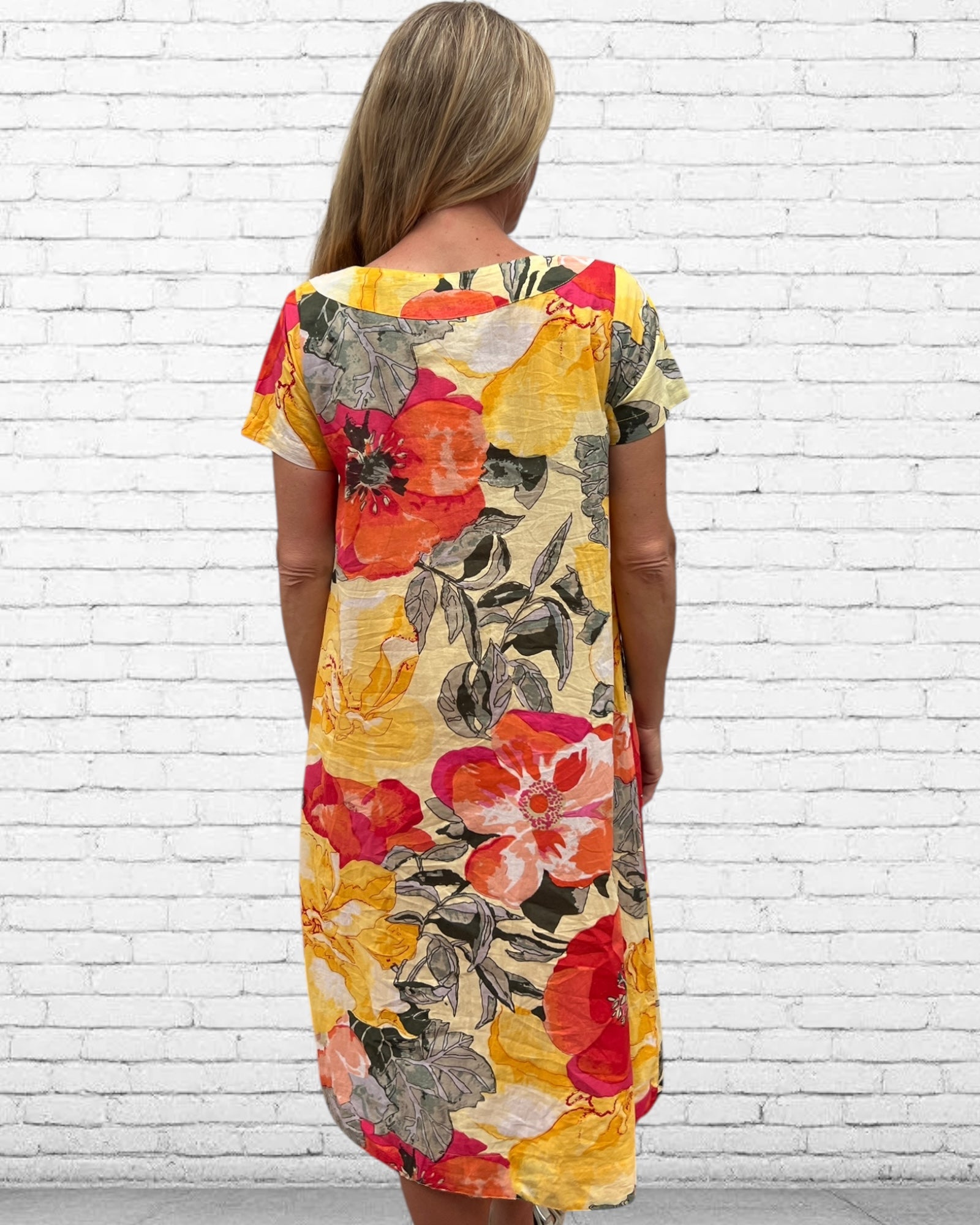 Rene pure cotton short sleeve, round neck, knee length dress in Citrus Tree designed fabric