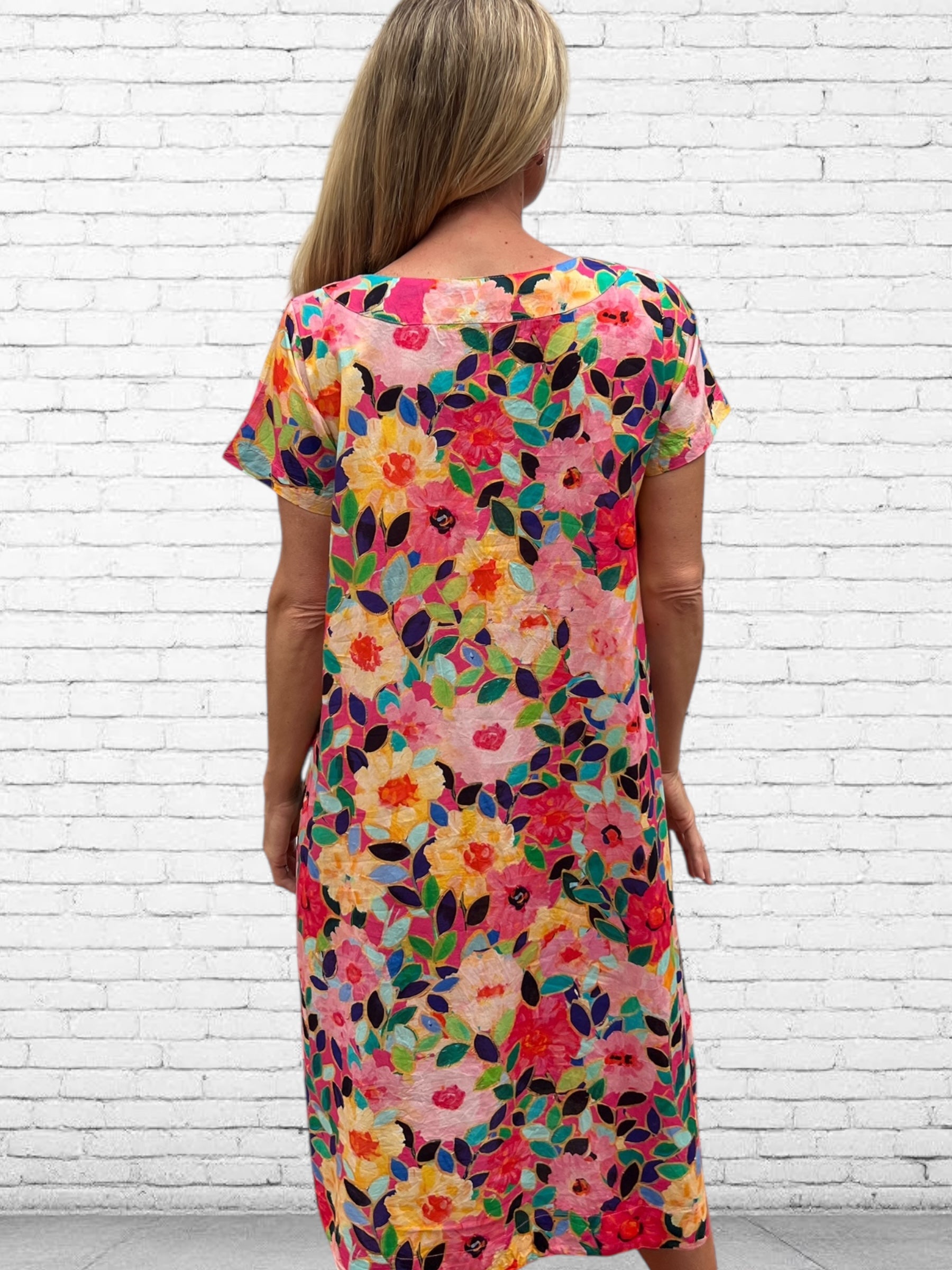 Rene pure cotton short sleeve, round neck, knee length dress in Flower salad print