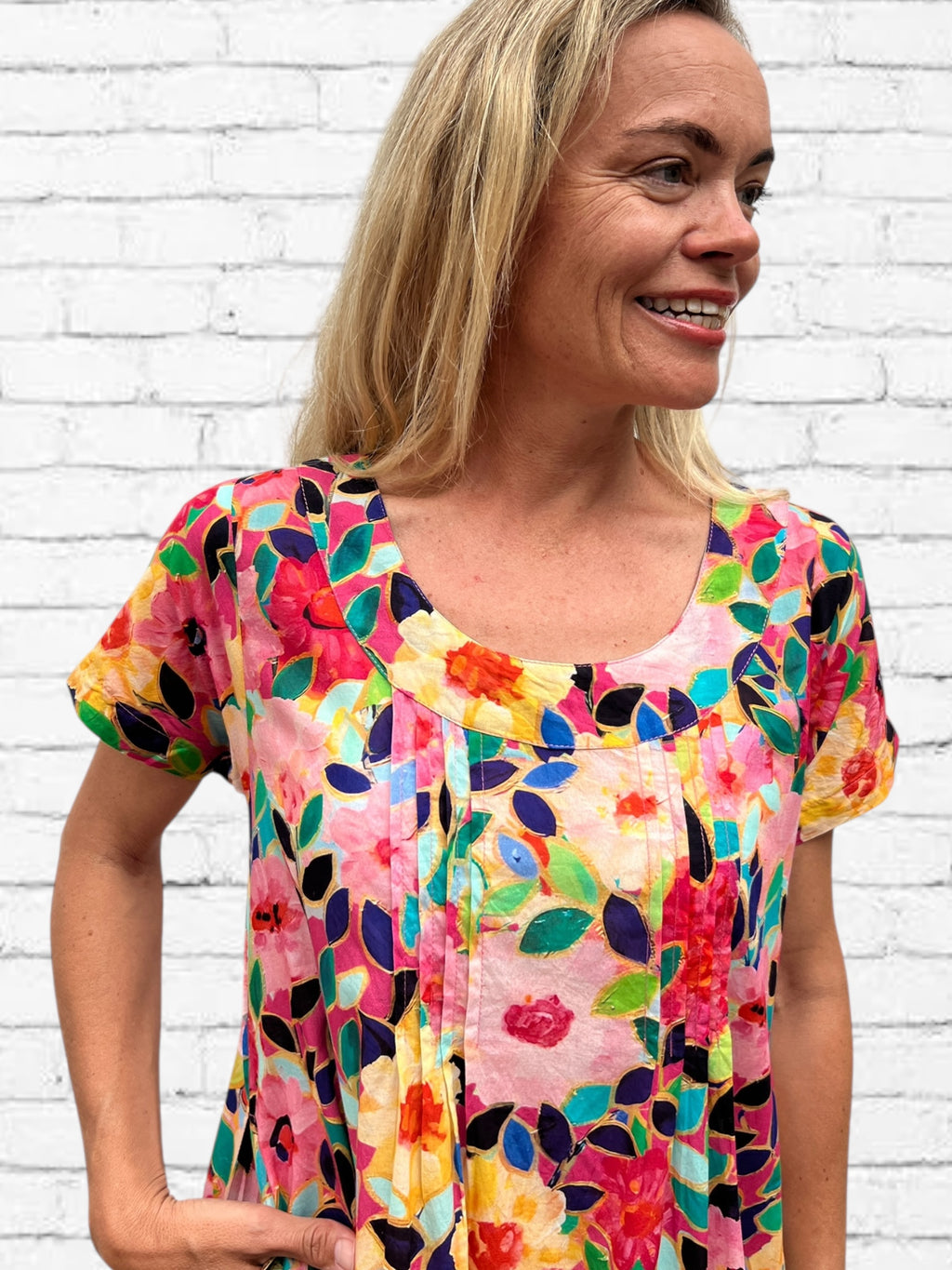 Rene pure cotton short sleeve, round neck, knee length dress in Flower salad print