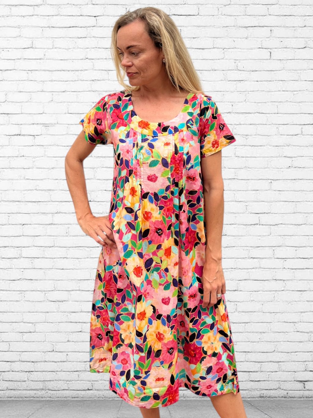 Rene pure cotton short sleeve, round neck, knee length dress in Flower salad print