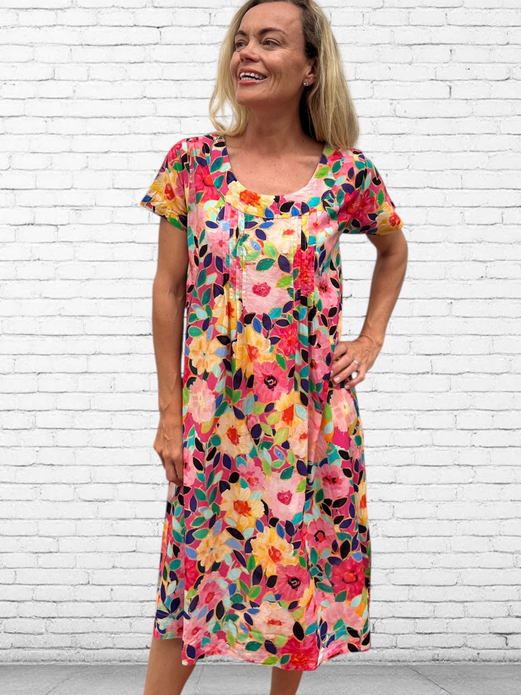 Rene pure cotton short sleeve, round neck, knee length dress in Flower salad print