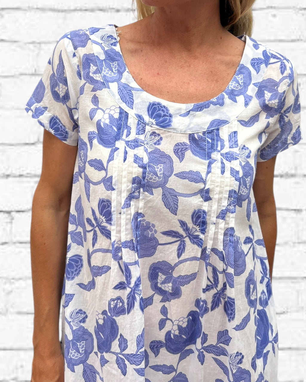 Rene pure cotton short sleeve, round neck, knee length dress in French Blue Floral