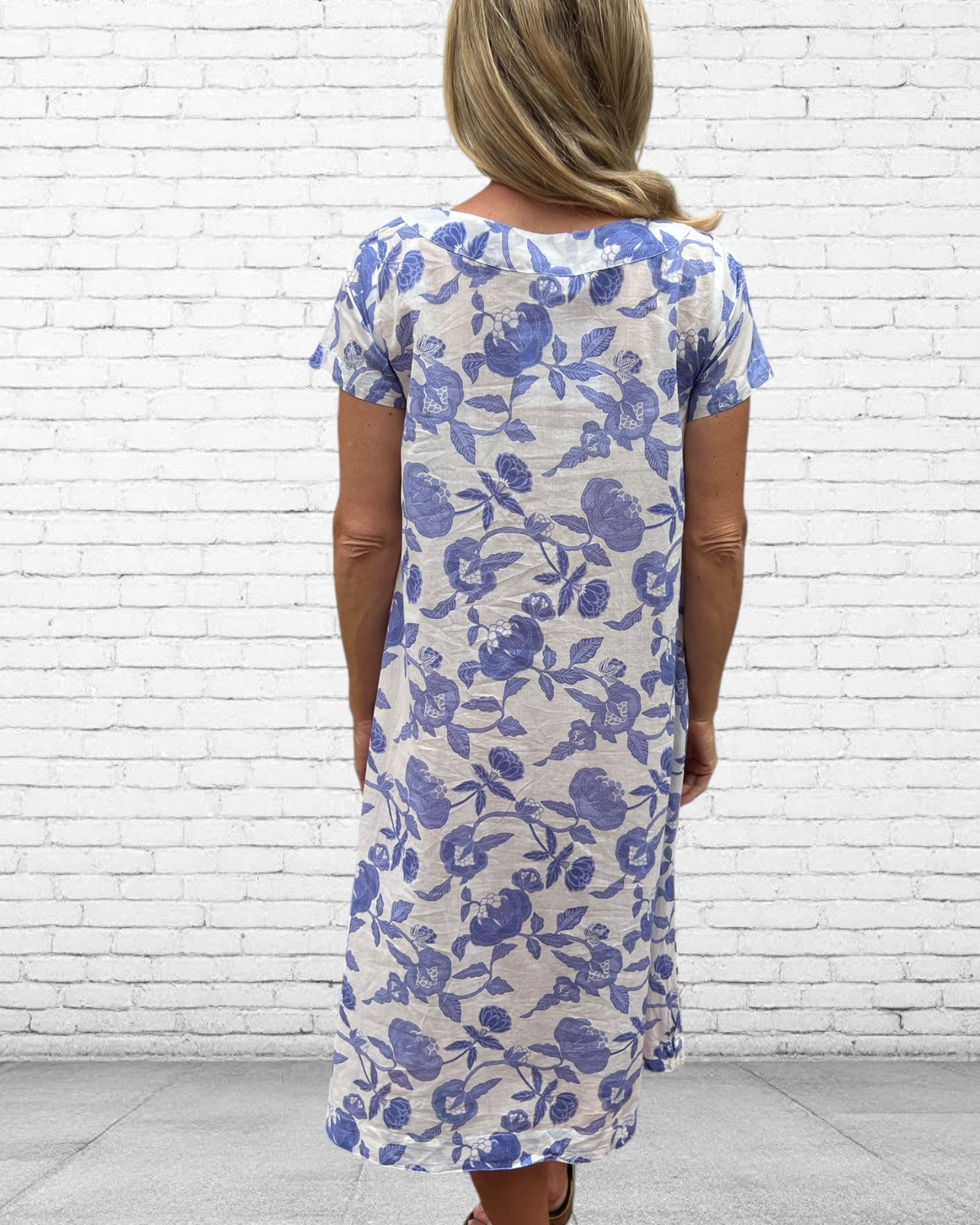 Rene pure cotton short sleeve, round neck, knee length dress in French Blue Floral