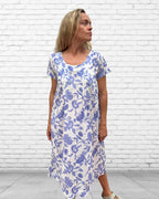 Rene pure cotton short sleeve, round neck, knee length dress in French Blue Floral