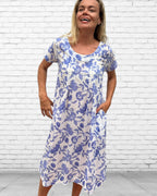 Rene pure cotton short sleeve, round neck, knee length dress in French Blue Floral