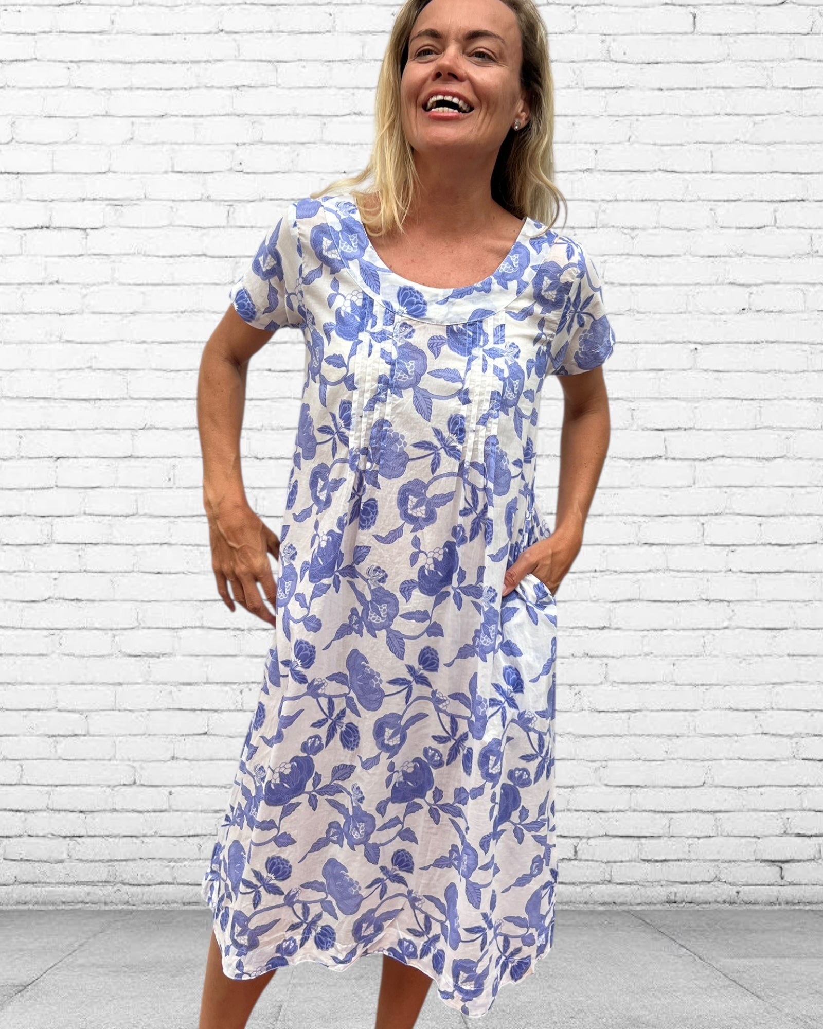Rene pure cotton short sleeve, round neck, knee length dress in French Blue Floral