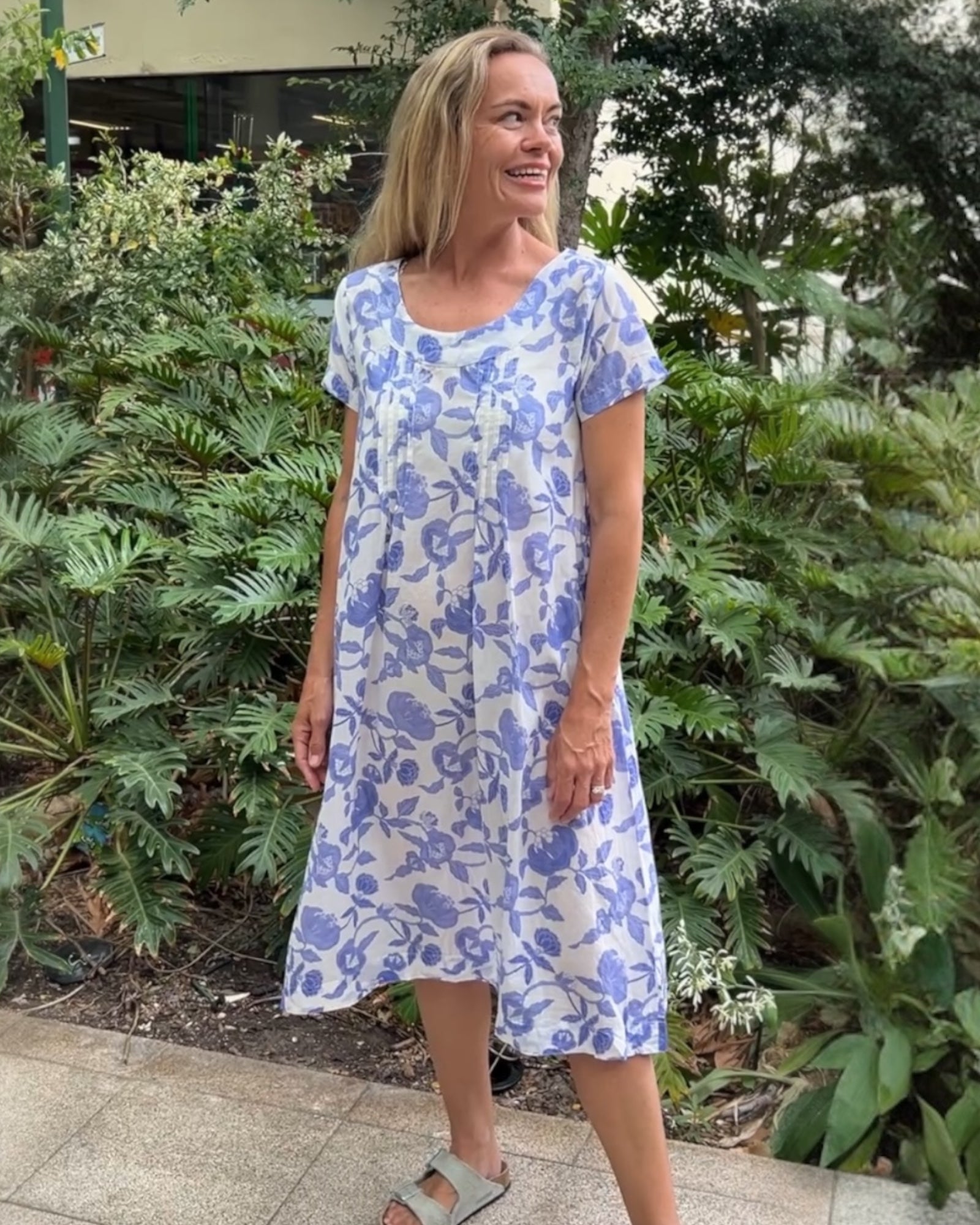 Rene pure cotton short sleeve, round neck, knee length dress in French Blue Floral