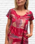 Rene pure cotton short sleeve, round neck, knee length dress in Red Multi geometric print