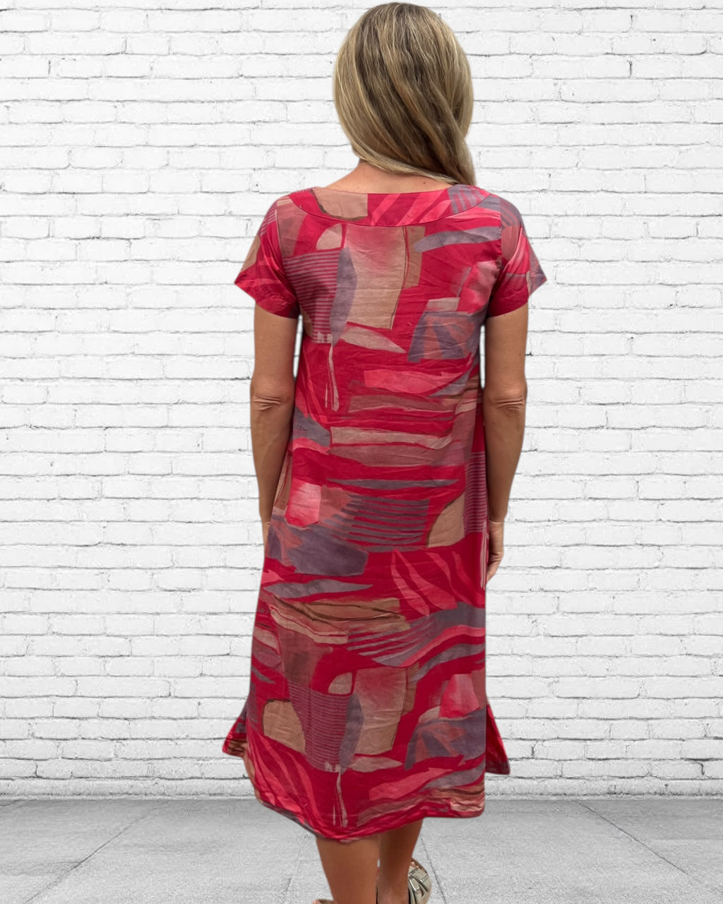 Rene pure cotton short sleeve, round neck, knee length dress in Red Multi geometric print