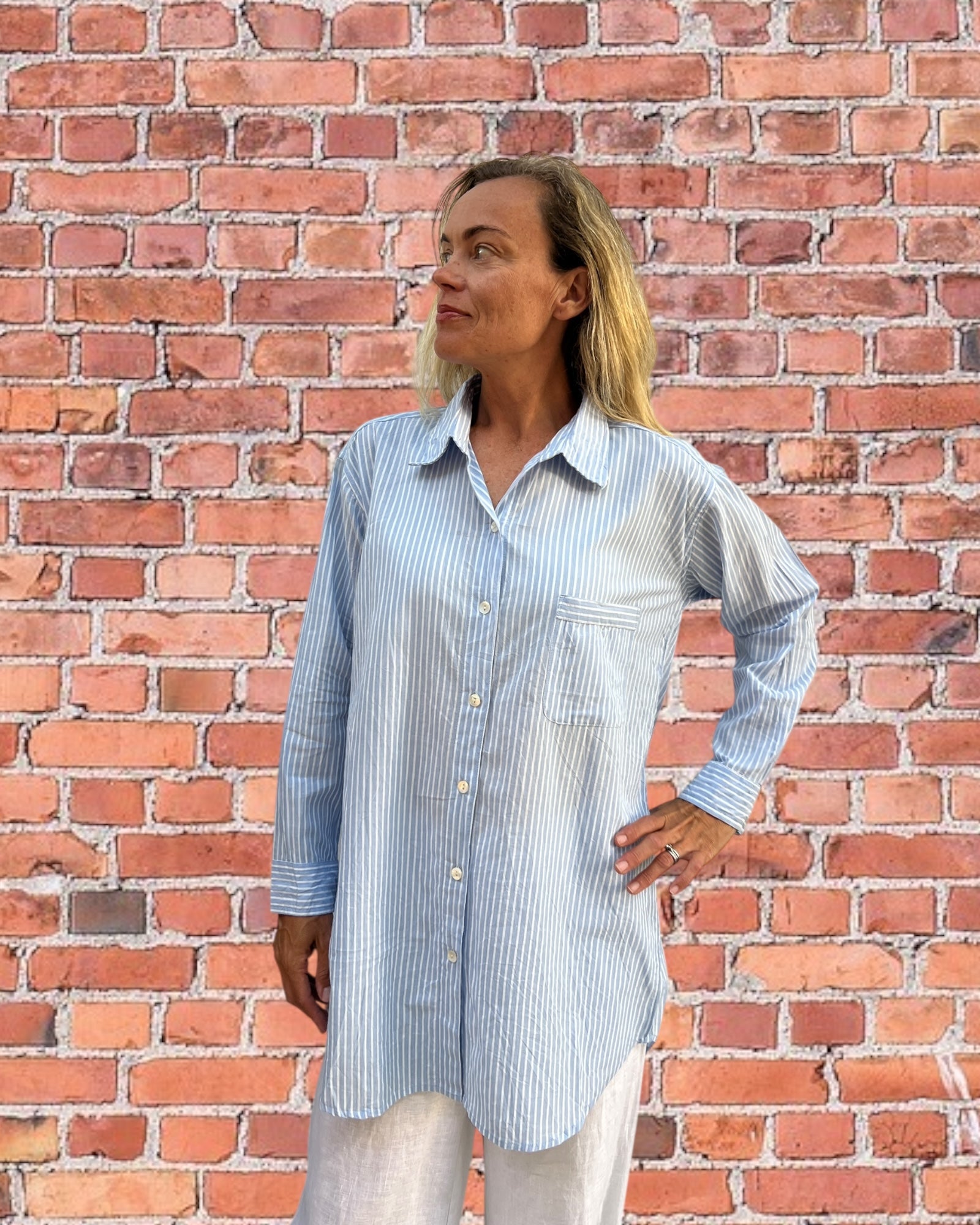 Stevie long sleeve pure cotton shirt in blue and white stripe