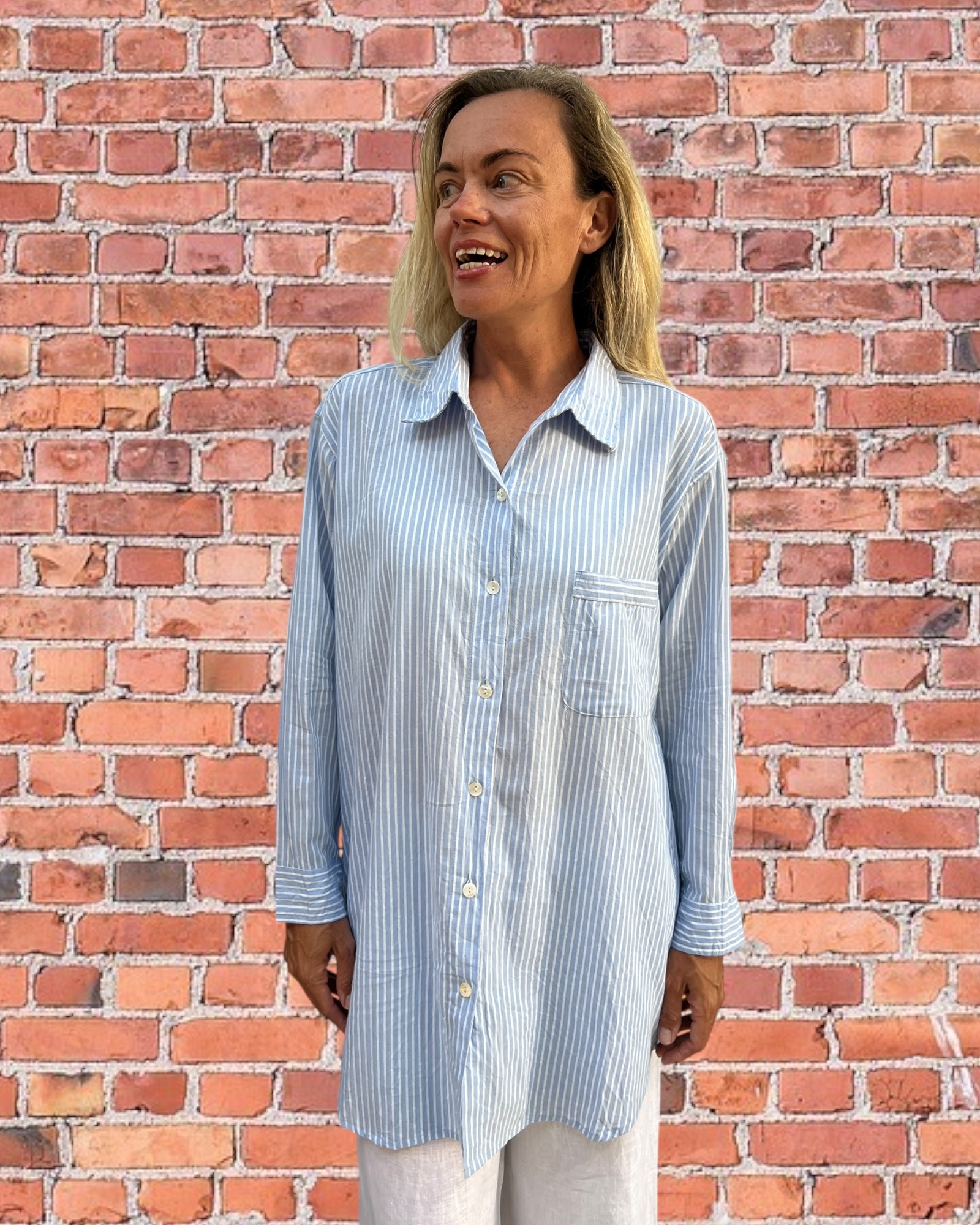 Stevie long sleeve pure cotton shirt in blue and white stripe