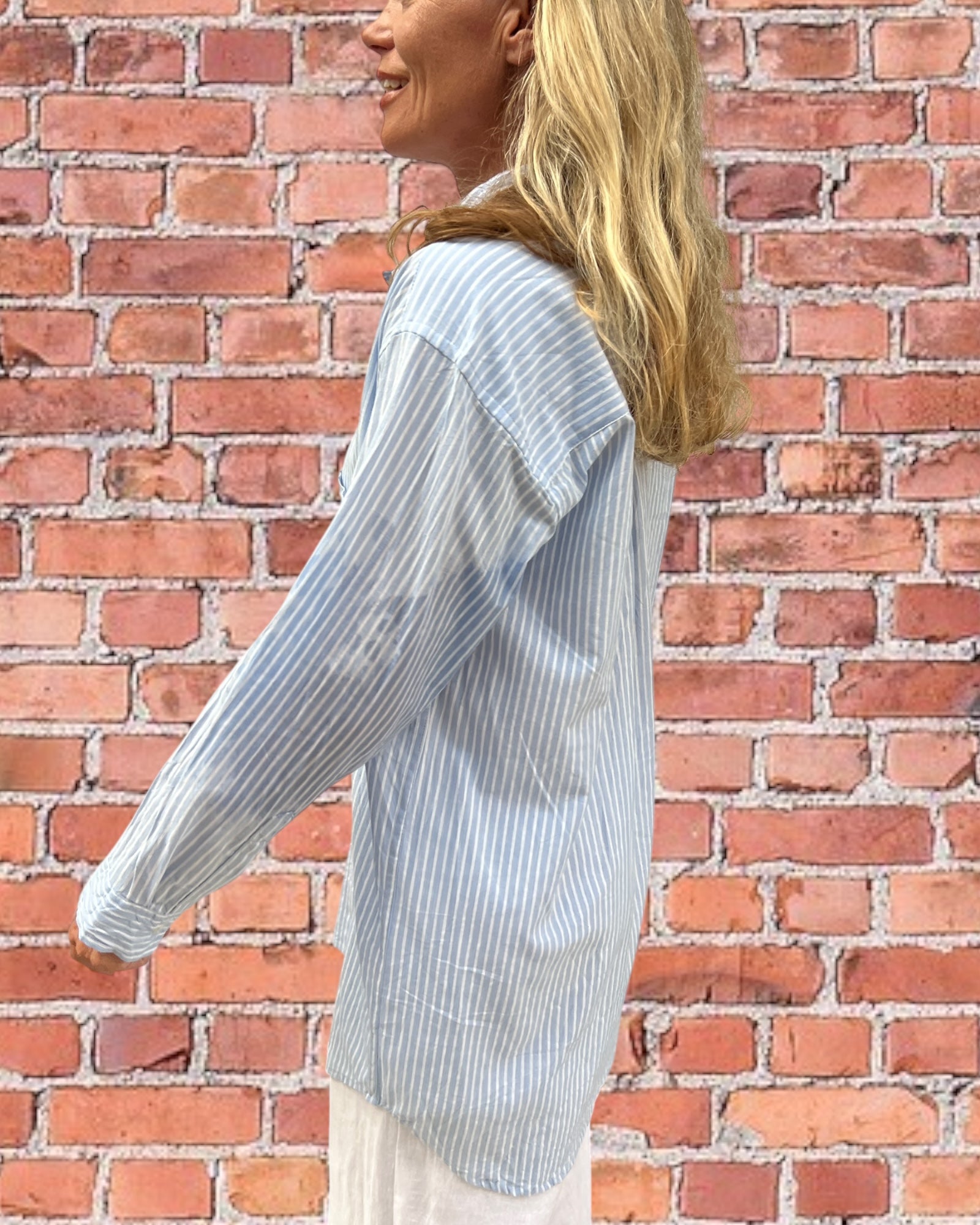 Stevie long sleeve pure cotton shirt in blue and white stripe