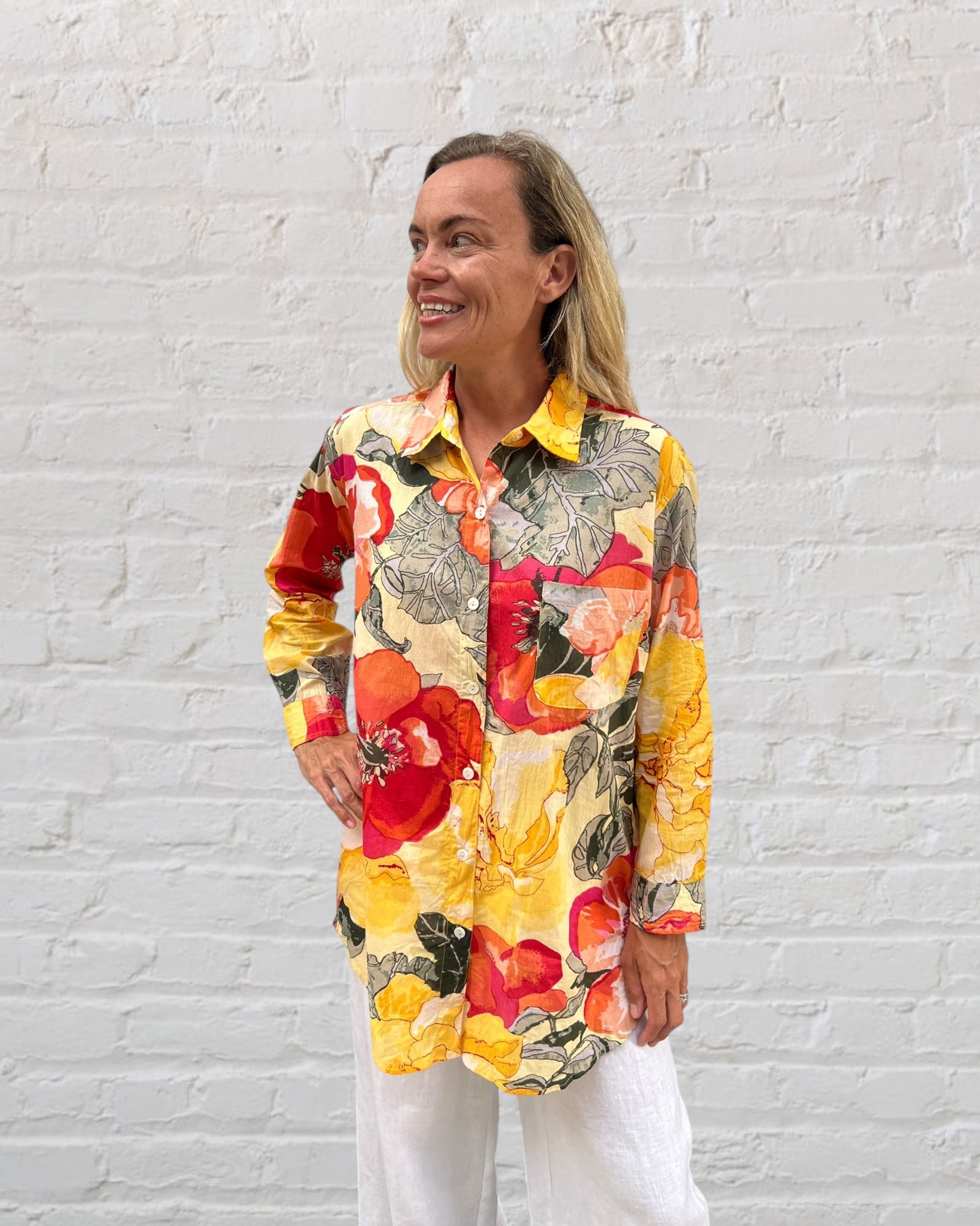 Stevie long sleeve pure cotton shirt in citrus tree print