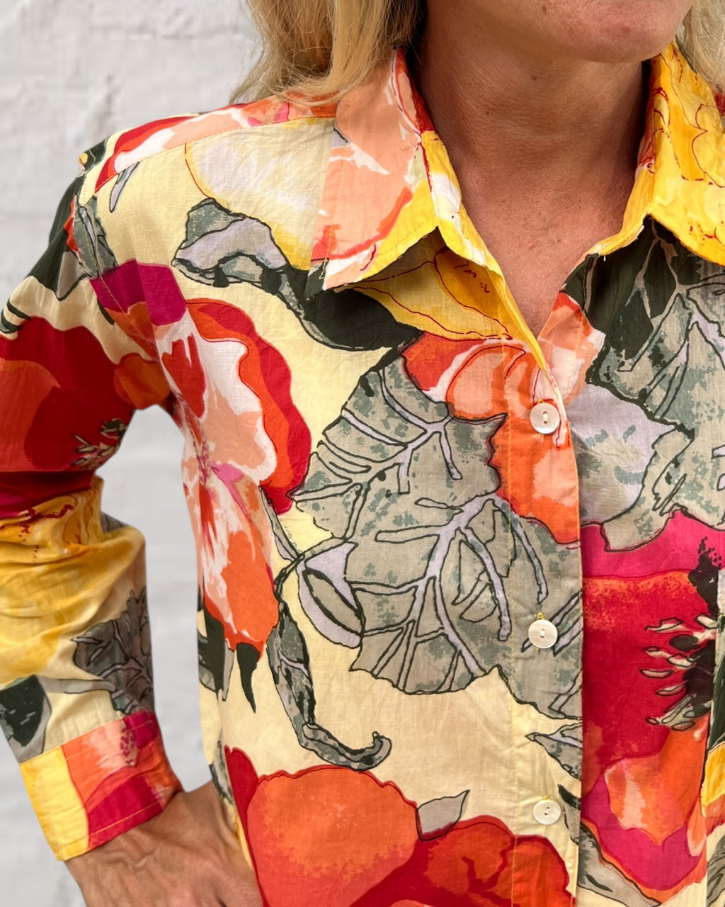 Stevie long sleeve pure cotton shirt in citrus tree print