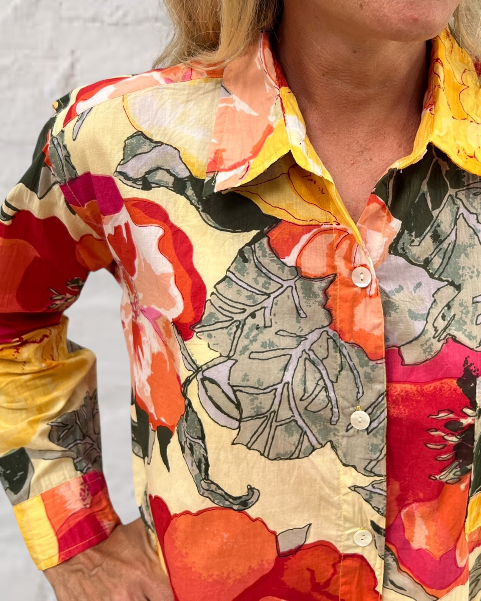 Stevie long sleeve pure cotton shirt in citrus tree print