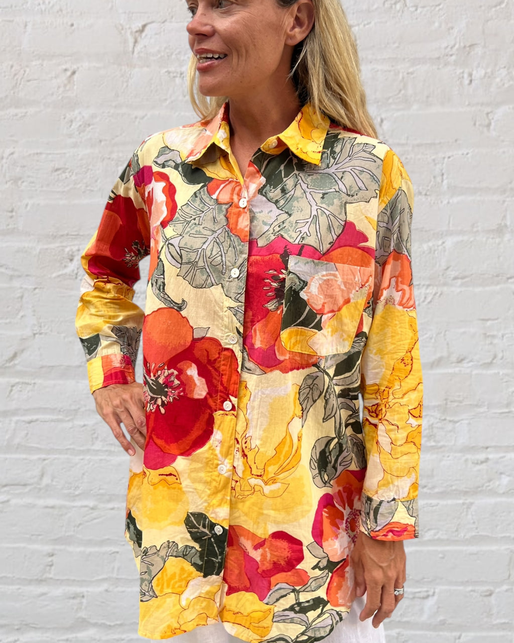 Stevie long sleeve pure cotton shirt in citrus tree print