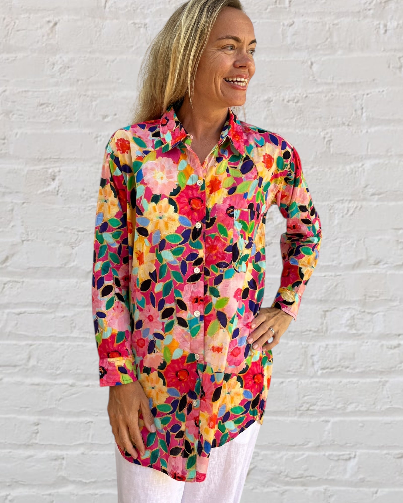 Stevie long sleeve pure cotton shirt in flower salad print