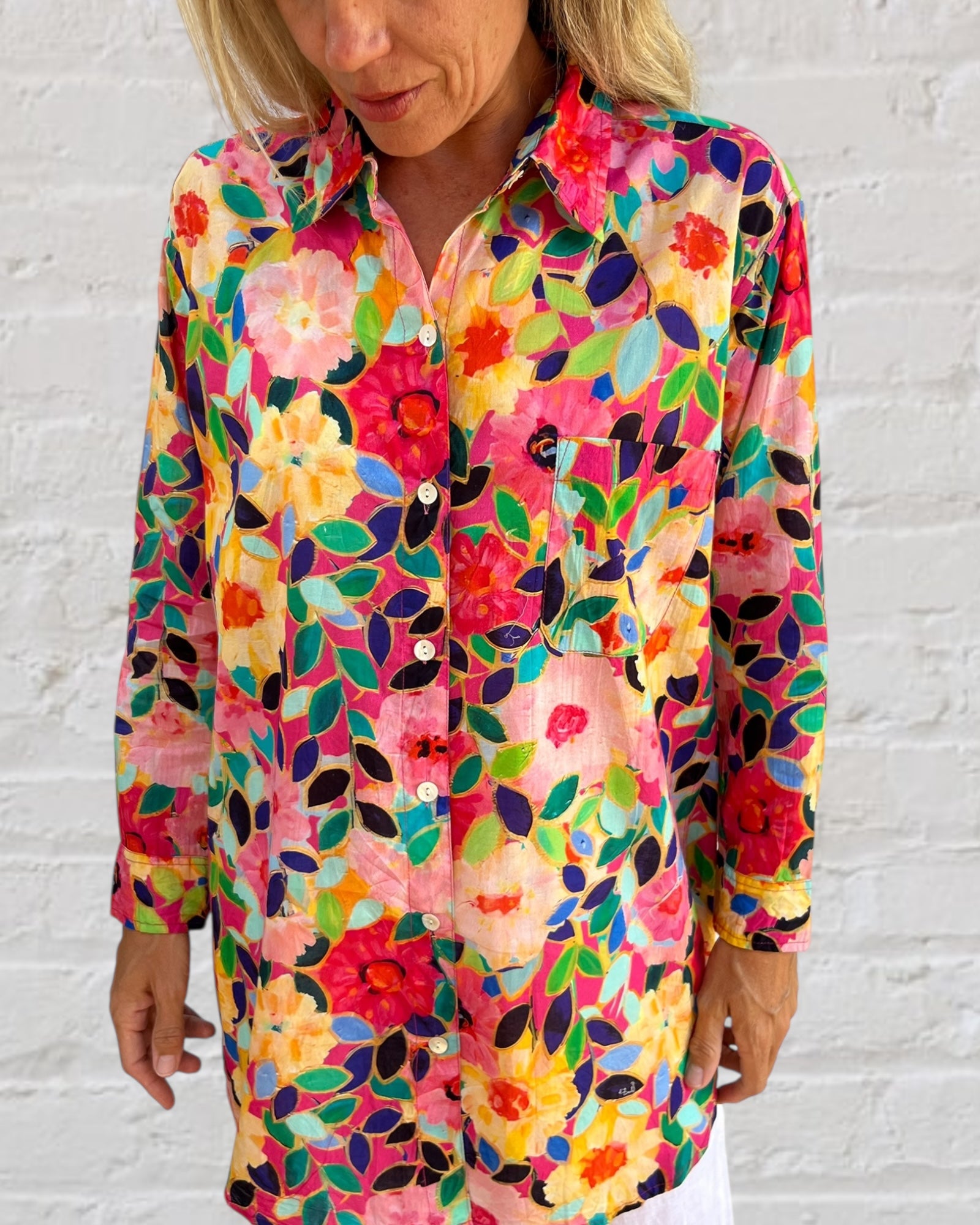 Stevie long sleeve pure cotton shirt in flower salad print