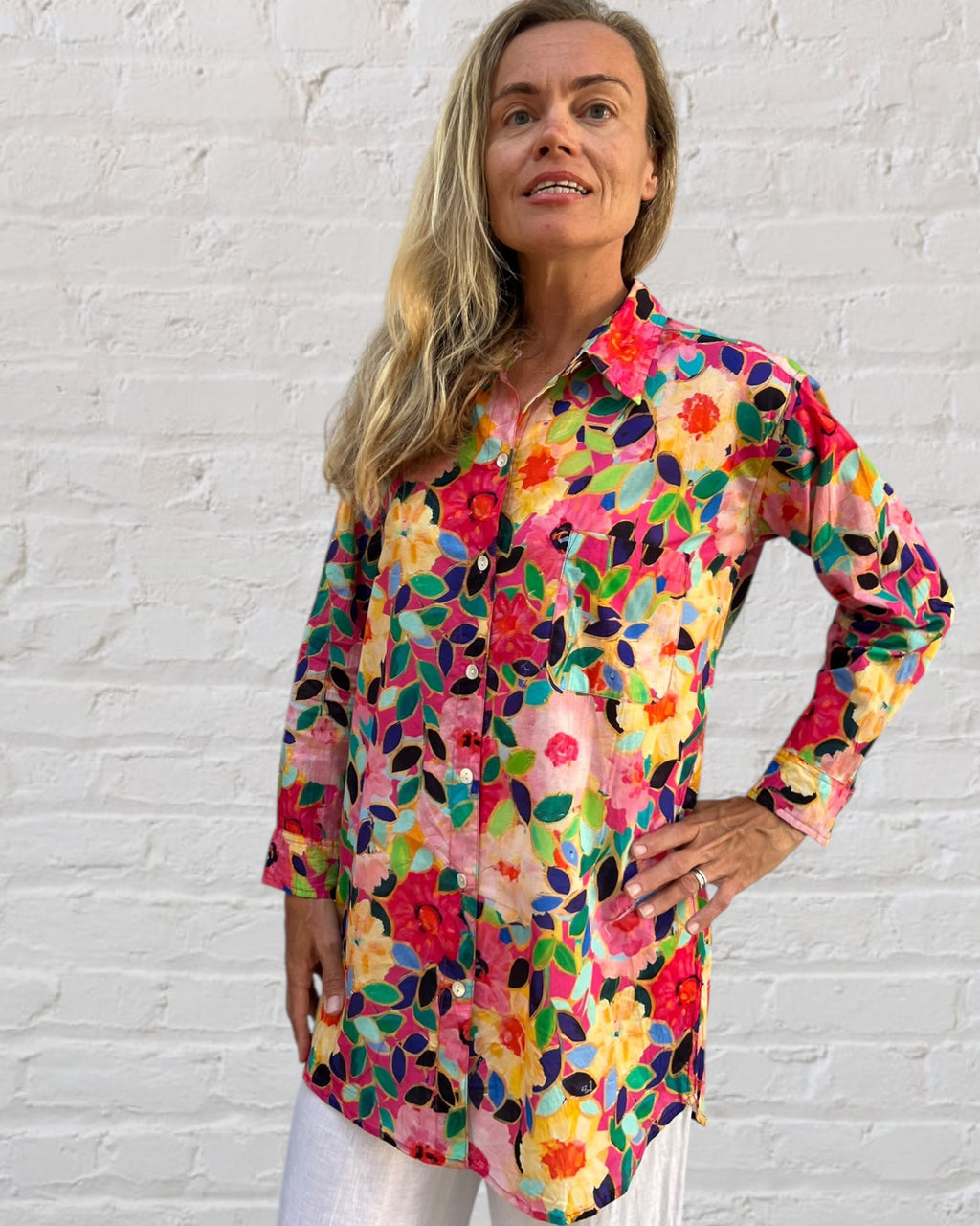 Stevie long sleeve pure cotton shirt in flower salad print