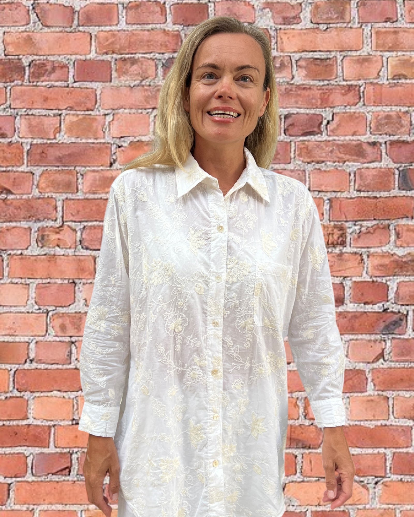 Stevie long sleeve shirt in floral off white embroidered pure white cotton