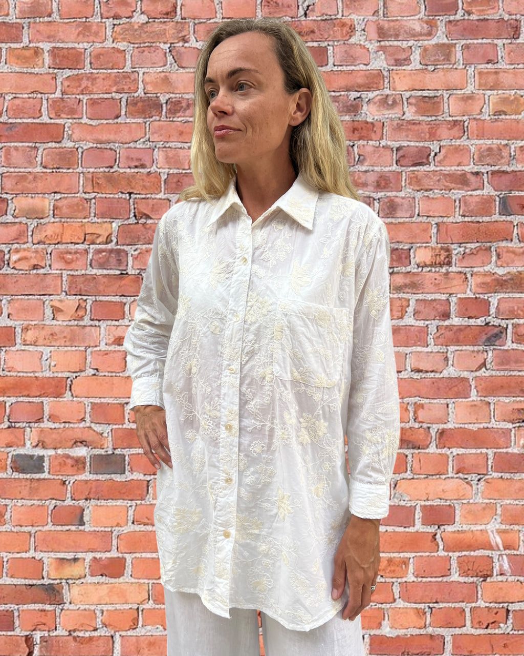 Stevie long sleeve shirt in floral off white embroidered pure white cotton