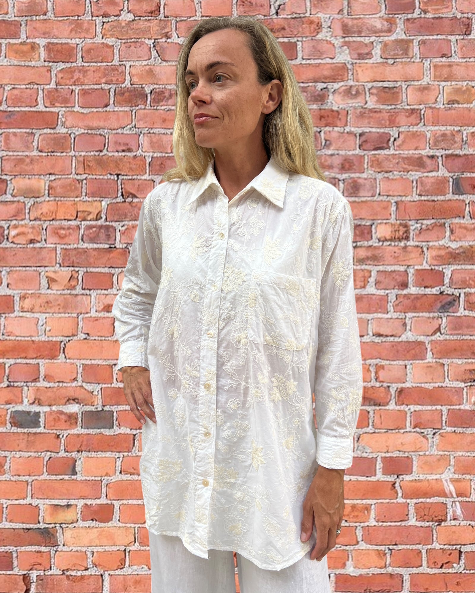 Stevie long sleeve shirt in floral off white embroidered pure white cotton