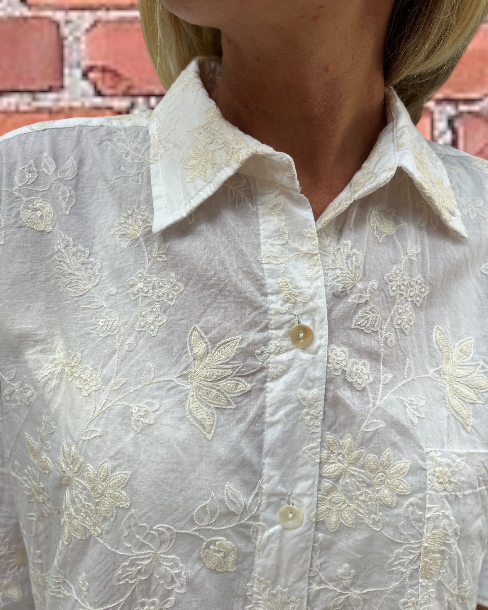 Stevie long sleeve shirt in floral off white embroidered pure white cotton