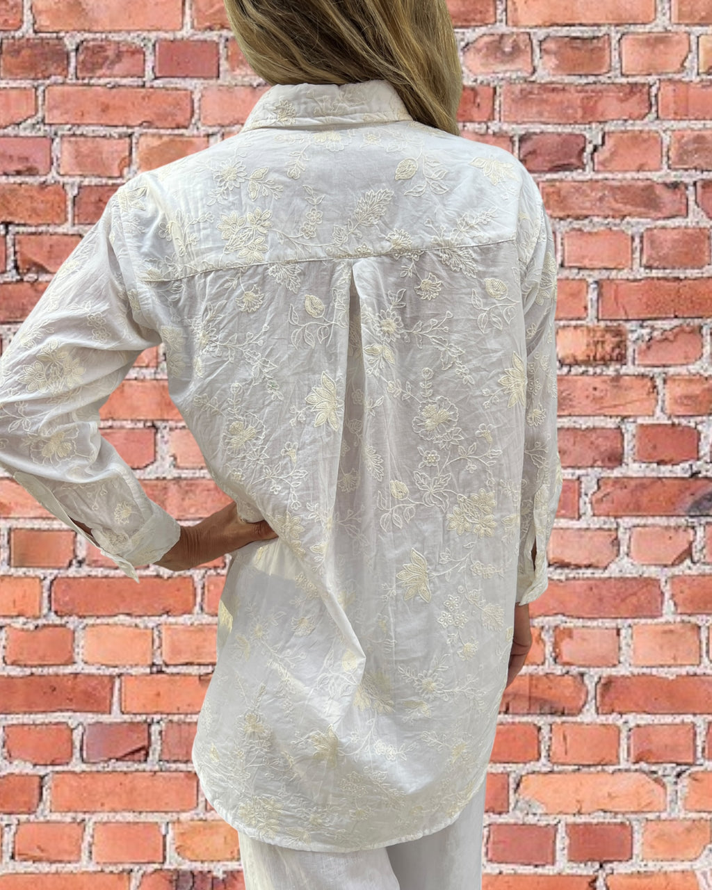 Stevie long sleeve shirt in floral off white embroidered pure white cotton