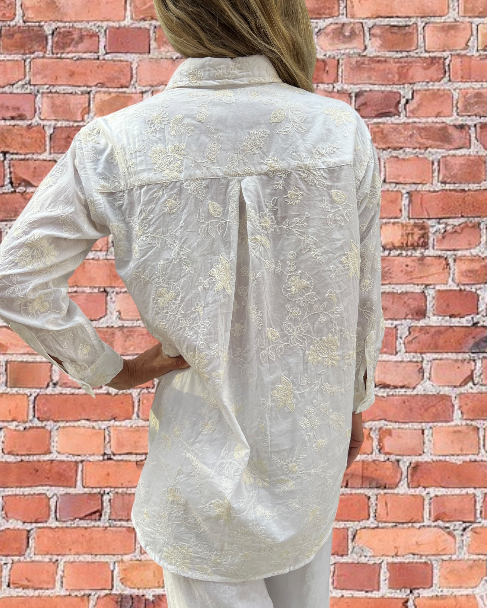 Stevie long sleeve shirt in floral off white embroidered pure white cotton