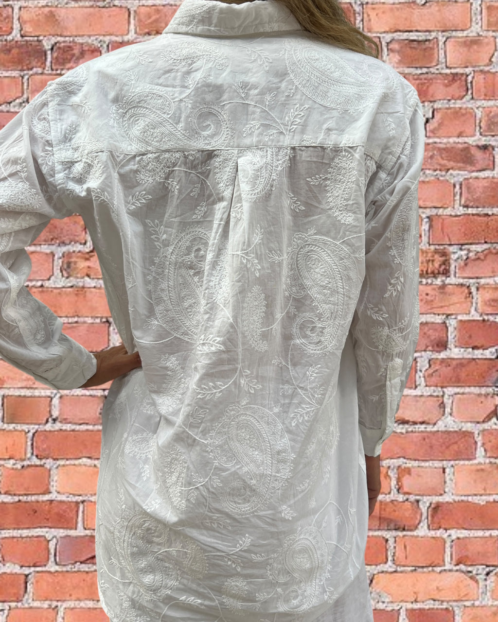 Stevie long sleeve shirt in paisley white embroidered pure white cotton