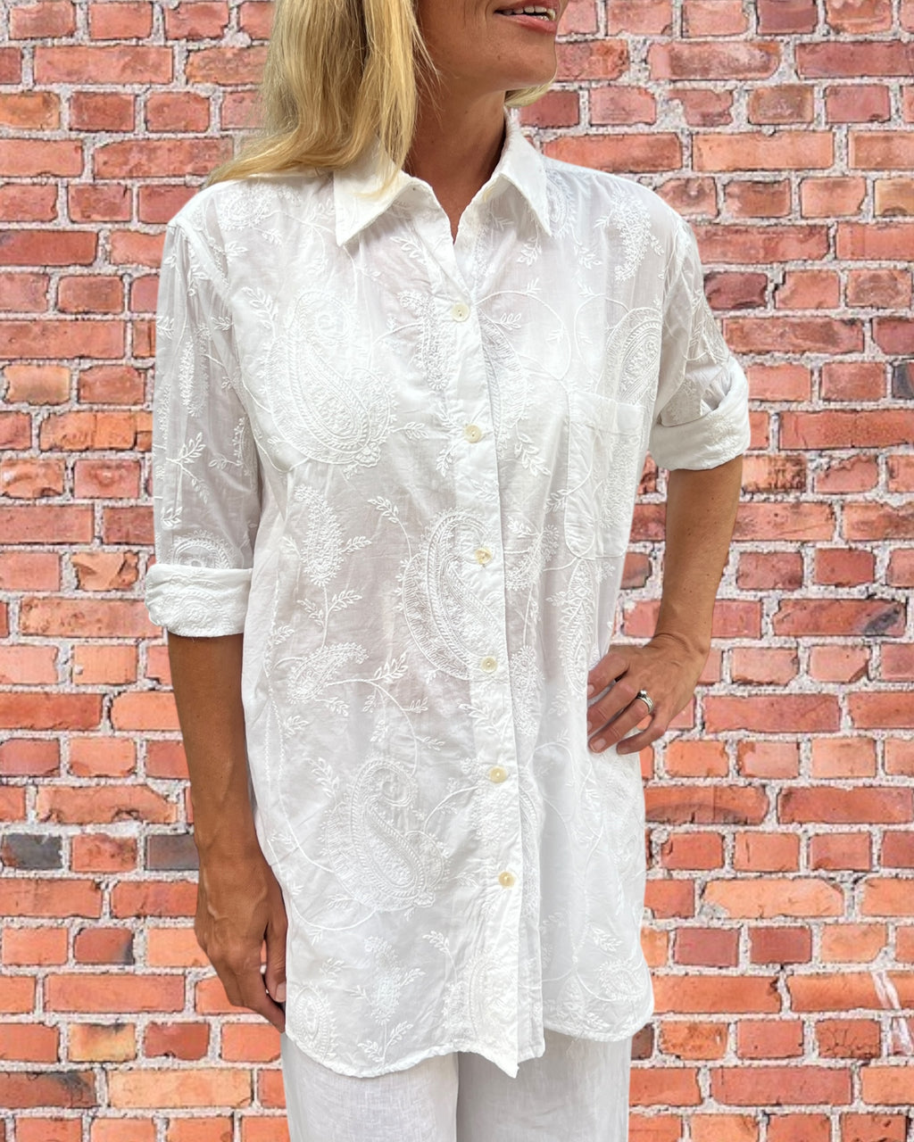 Stevie long sleeve shirt in paisley white embroidered pure white cotton