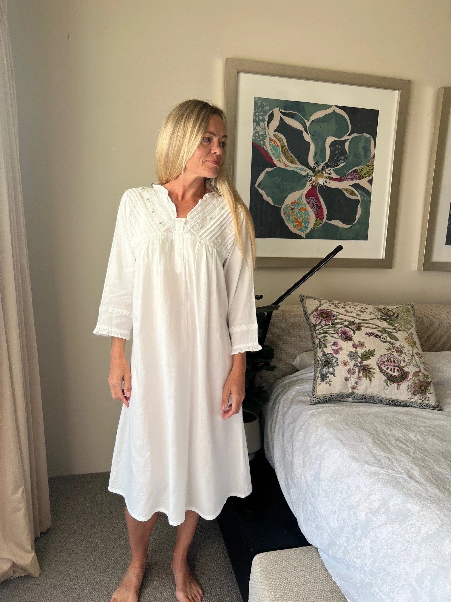 Isobel Brushed Cotton Winceyette V Neck White Nightgown