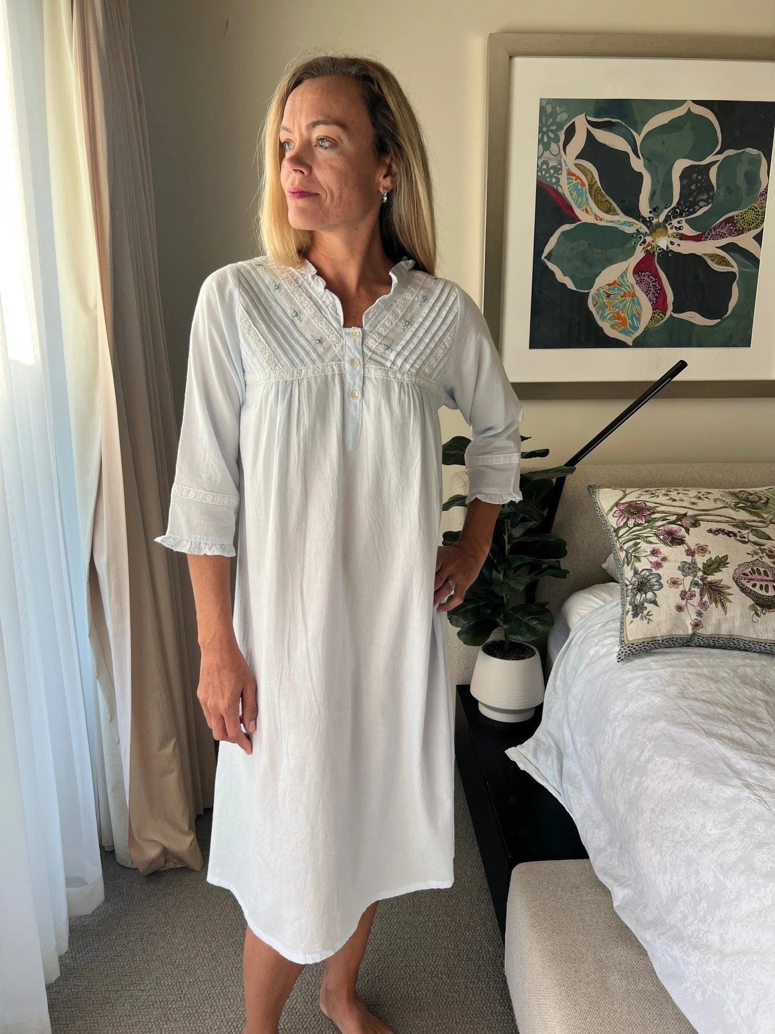 Isobel Brushed Cotton Winceyette V Neck Baby Blue Nightgown