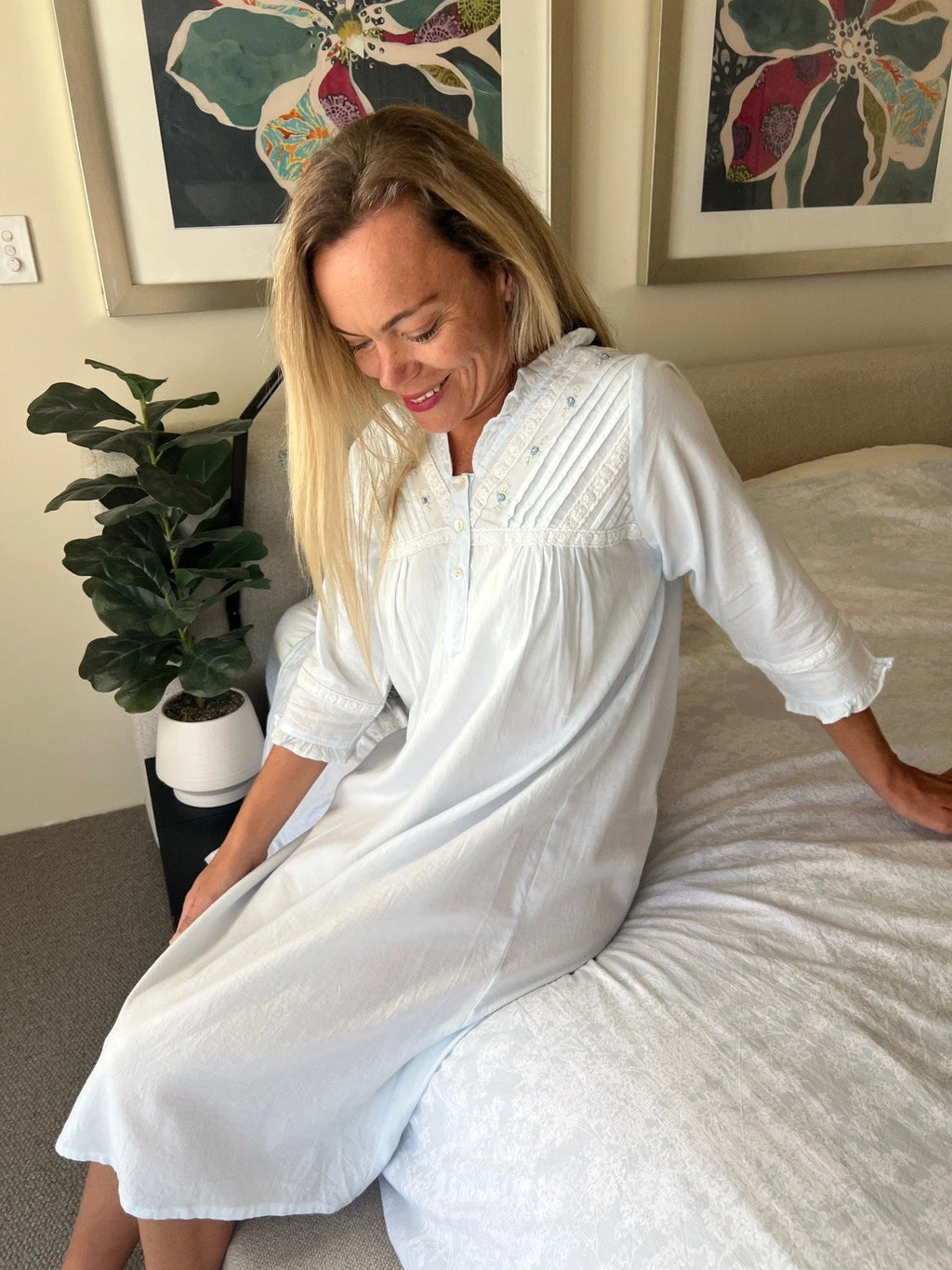 Isobel Brushed Cotton Winceyette V Neck Baby Blue Nightgown