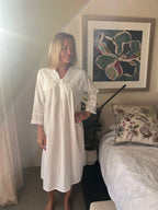 Isobel Brushed Cotton Winceyette V Neck White Nightgown