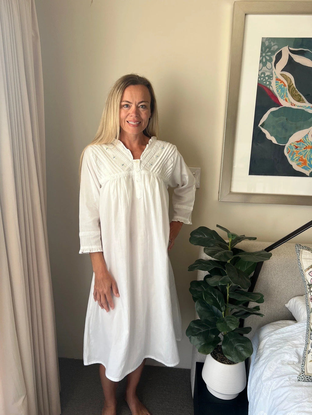 Isobel Brushed Cotton Winceyette V Neck White Nightgown