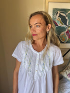 Charlotte White Short Sleeve Nightie With Blue Hand Embroidery