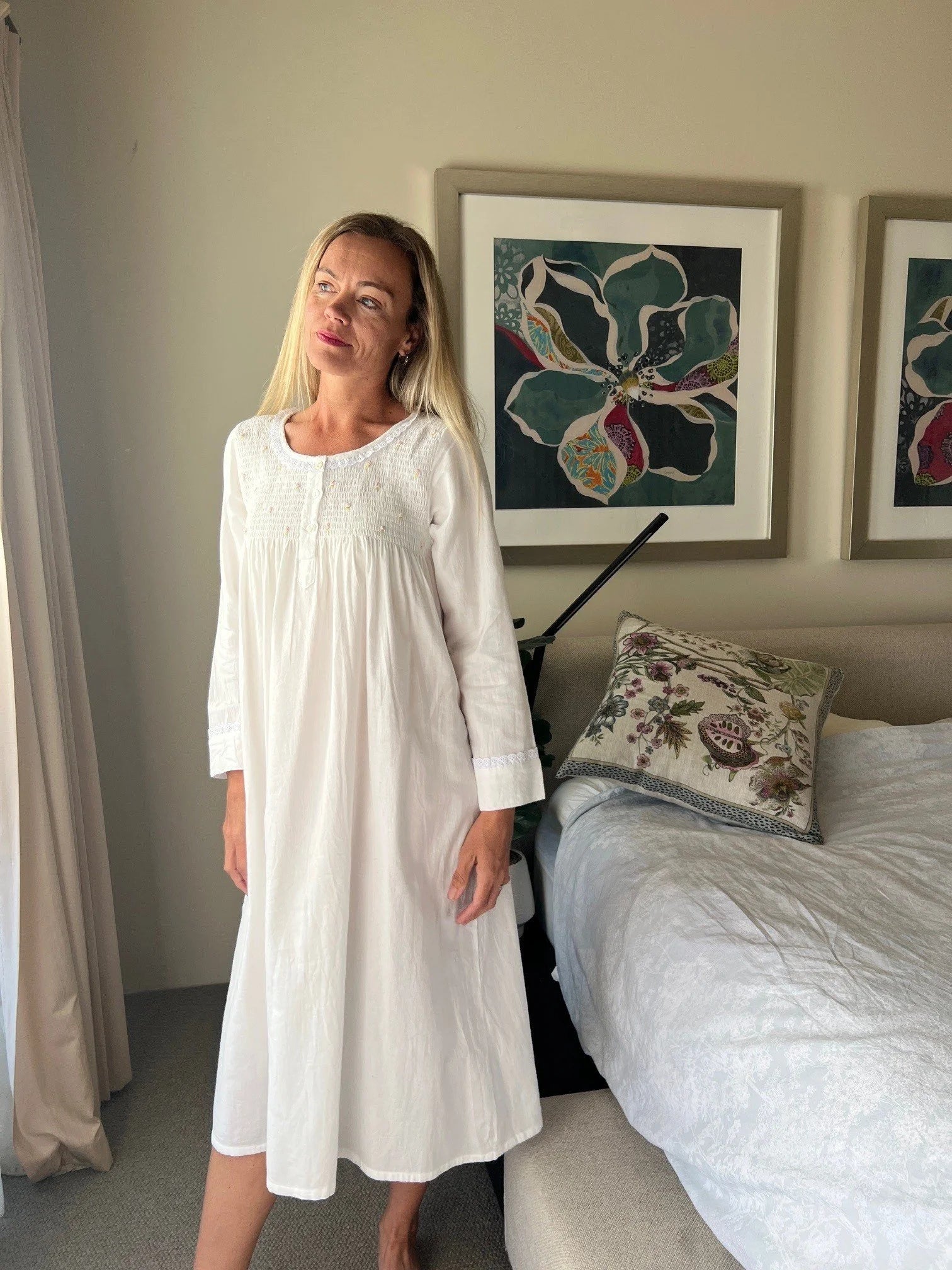 April Brushed Cotton Winceyette Shirred White Nightgown